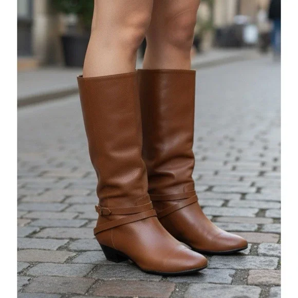 Frye Mid Calf Leather Boots Pull On Harness Strappy Brown Women's 8.5 M 37444 - Picture 16 of 16